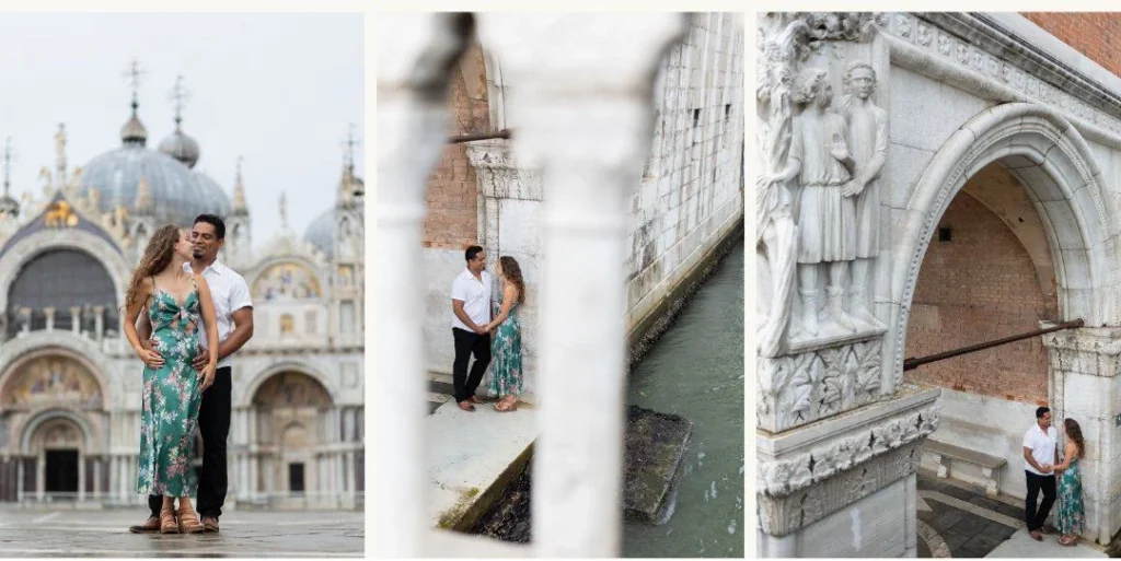 Engagement Venice photo of a couple during a photoshoot on a quiet canal bridge in Venice, Italy