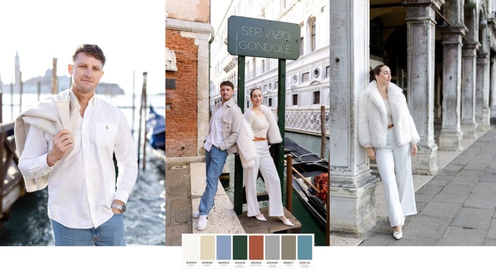 Styling board with winter whites in Venice: cream knits, a white faux fur jacket, light jeans and a colour palette drawn from the city